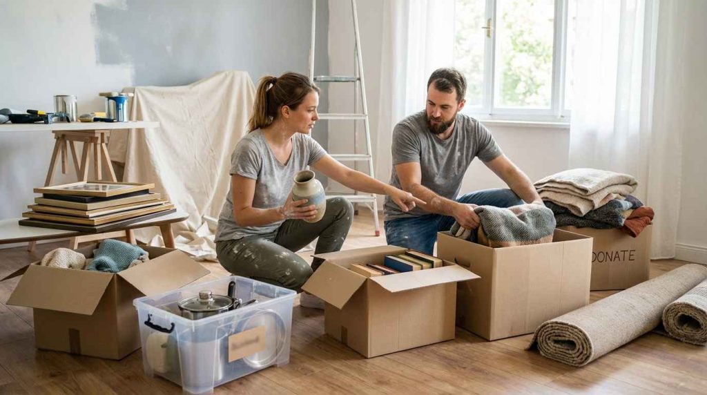 Un couple en train de faire du tri dans leur affaires et bibelots avant de déposer leurs décorations et mobilier dans un box loué pendant leurs travaux