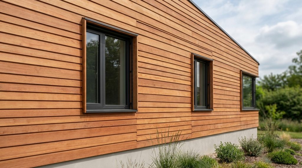 Photographie d'une façade de maison recouverte de bois douglas posé à l'horizontal.