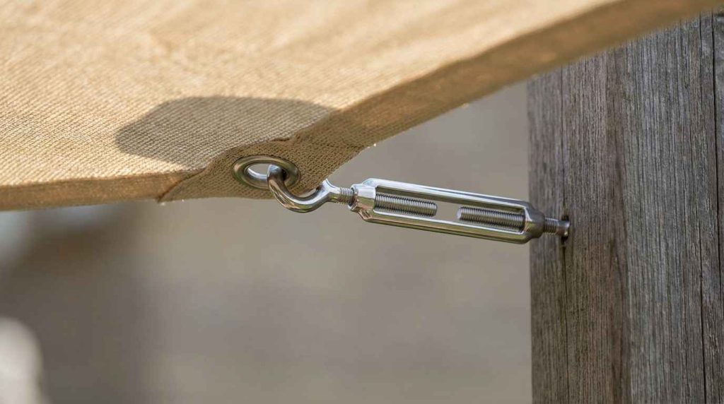 Zoom sur une fixation de voile d'ombrage pour terrasse