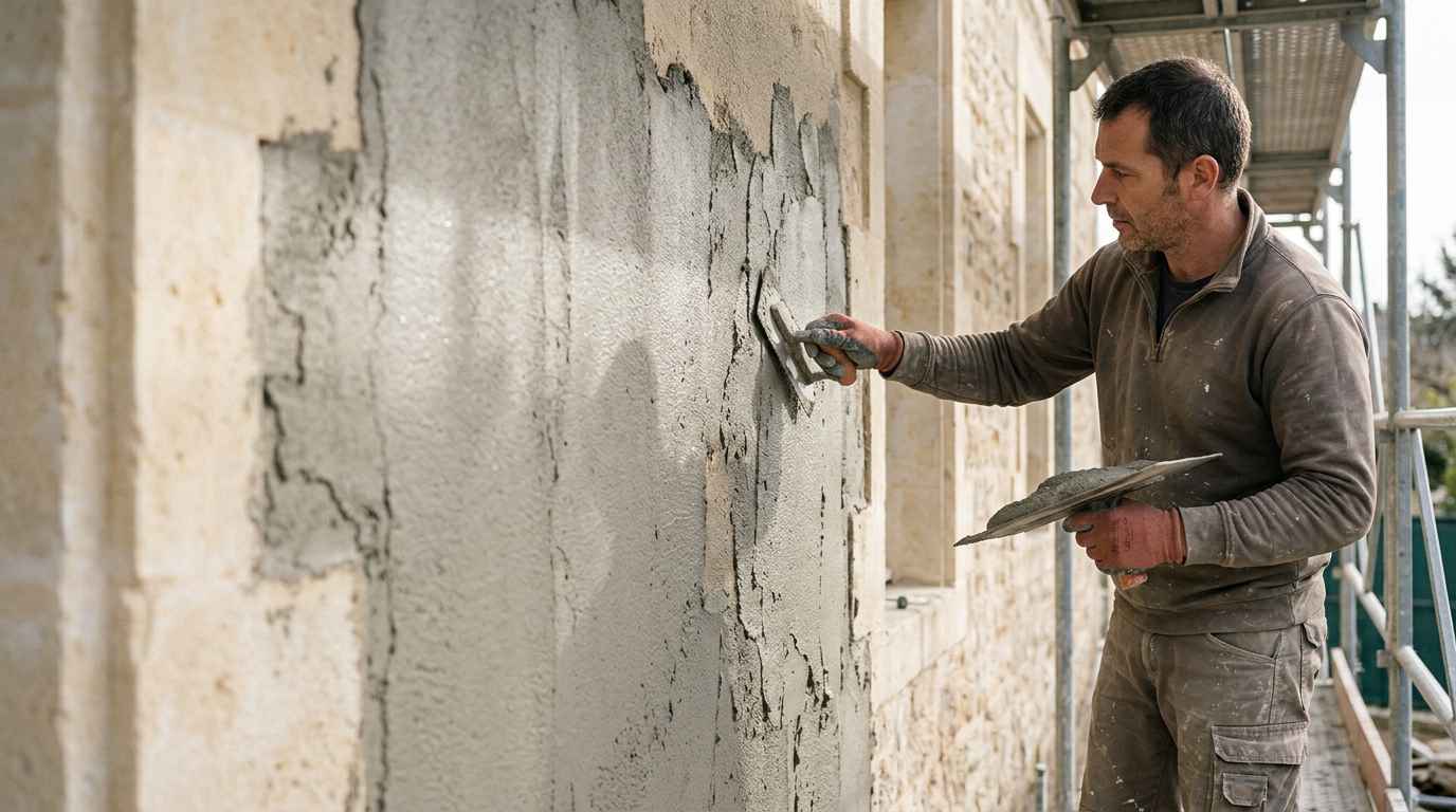 Enduiseur façadier au travail sur une façade