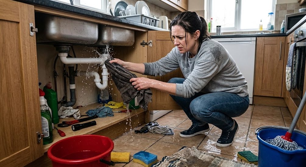Flaque d'eau se formant au sol devant un meuble de salle de bain lors d'une fuite